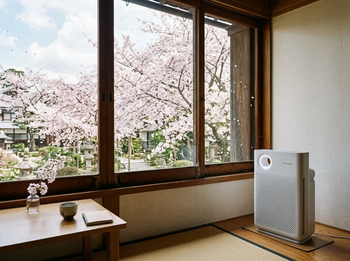 SwitchBot空気清浄機がリビングで花粉を除去している様子