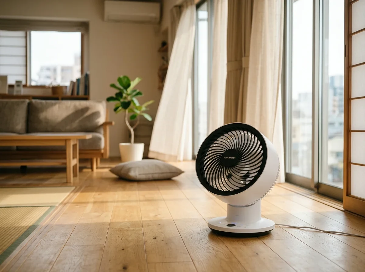 エアコンのある明るい室内で窓辺に置いた白いサーキュレーター