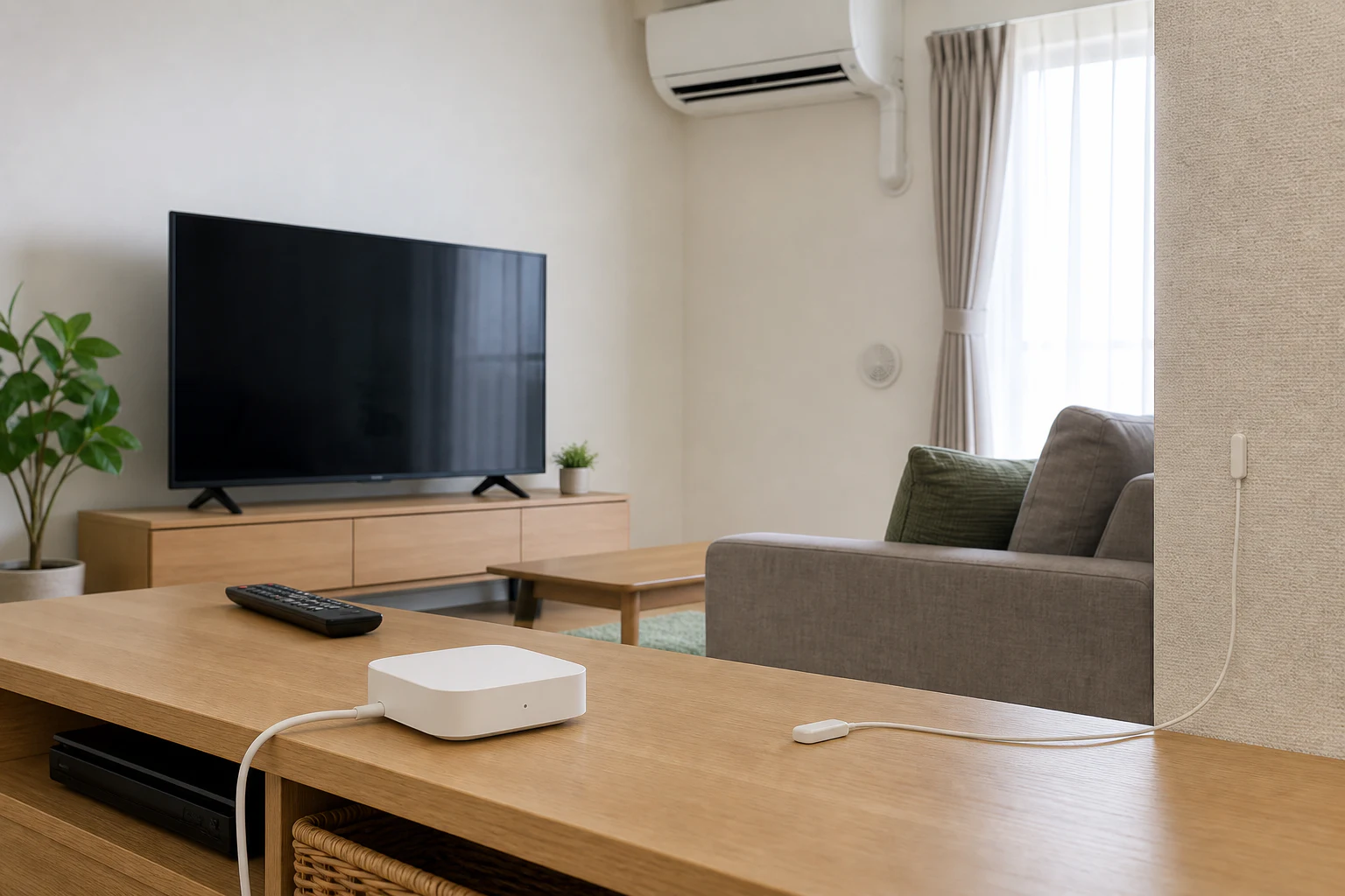 テレビへ向けて置いたスマートホームハブとセンサーケーブル