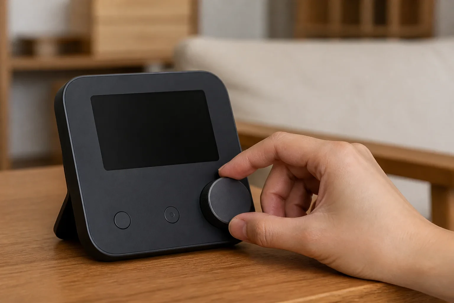 SwitchBot Hub 3のダイヤルを手で操作するリビングの場面
