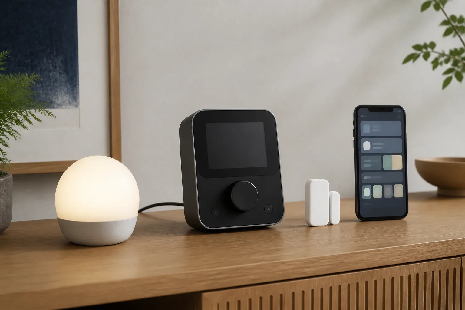 SwitchBot Hub 3と照明、センサー、スマートフォンを同じ棚で扱う場面