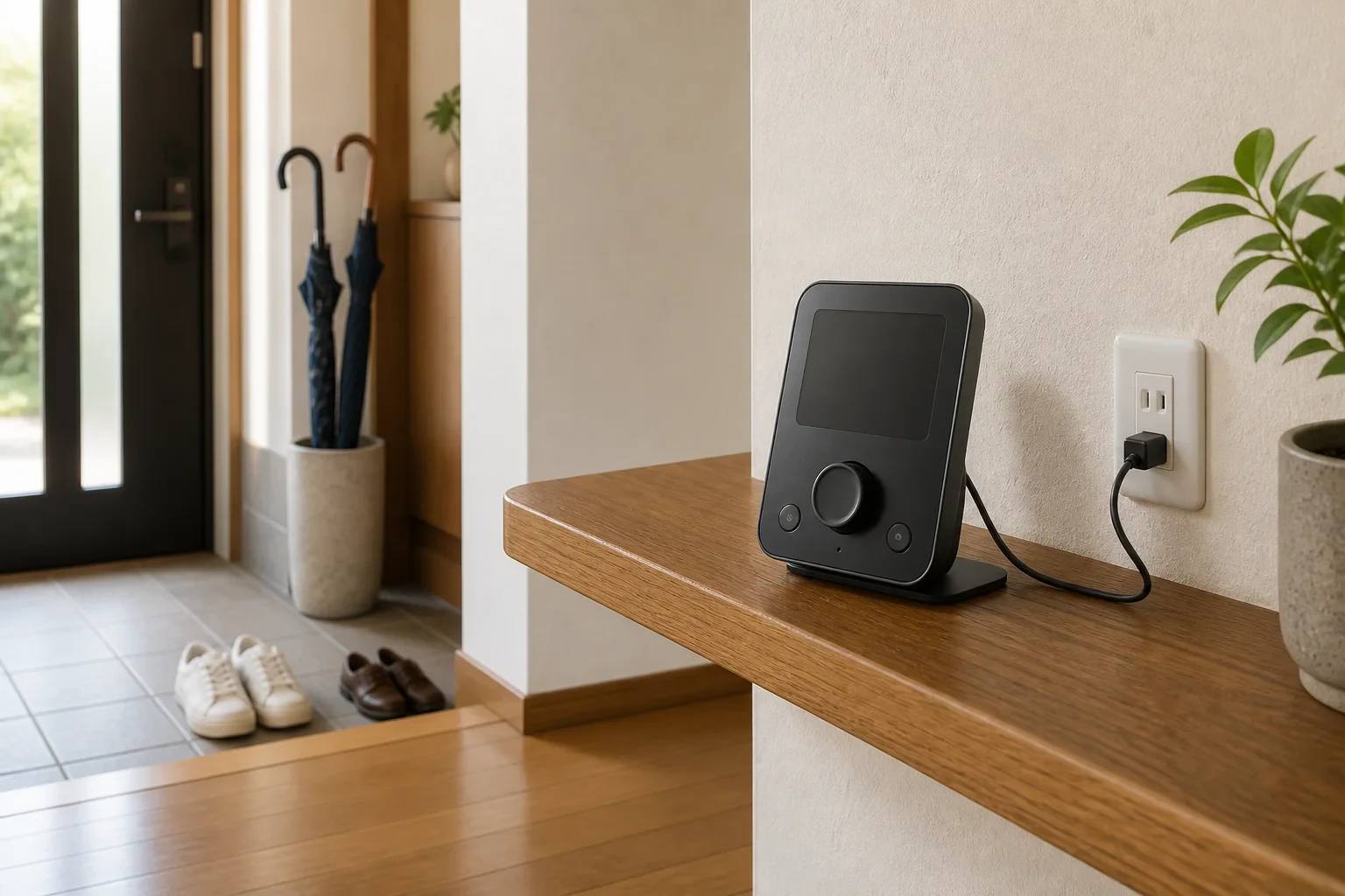 玄関近くの棚に置いたSwitchBot Hub 3と給電ケーブル