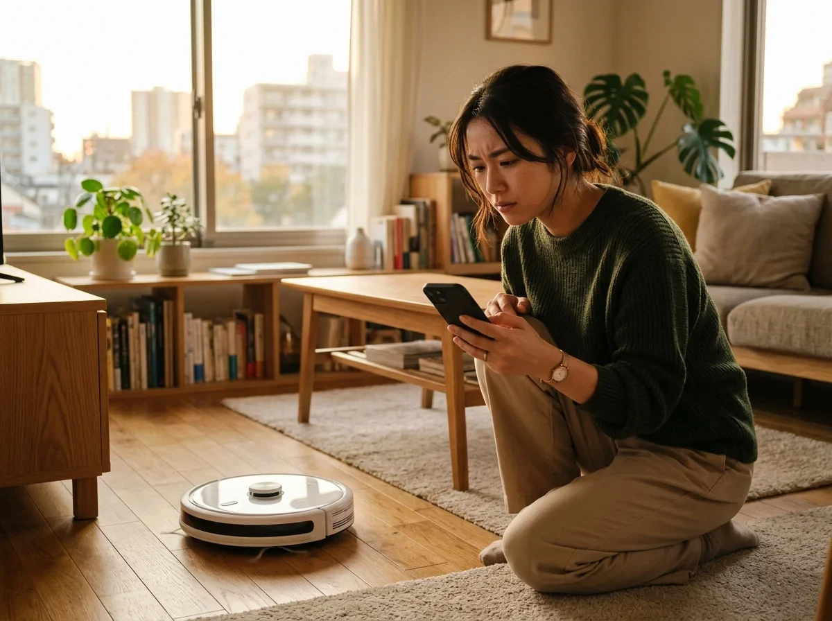 ロボット掃除機を前に購入判断を考える人