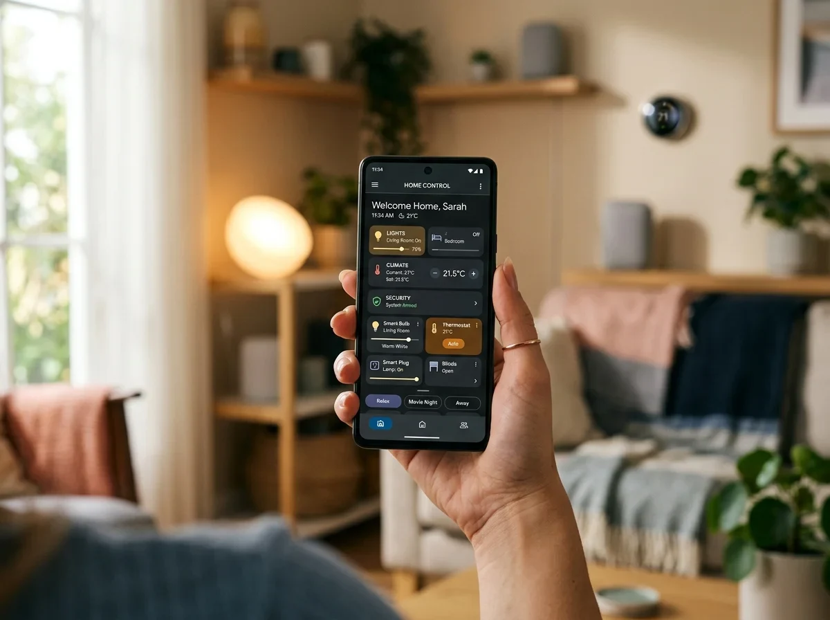 スマホで玄関のスマートホーム機器を確認するイメージ