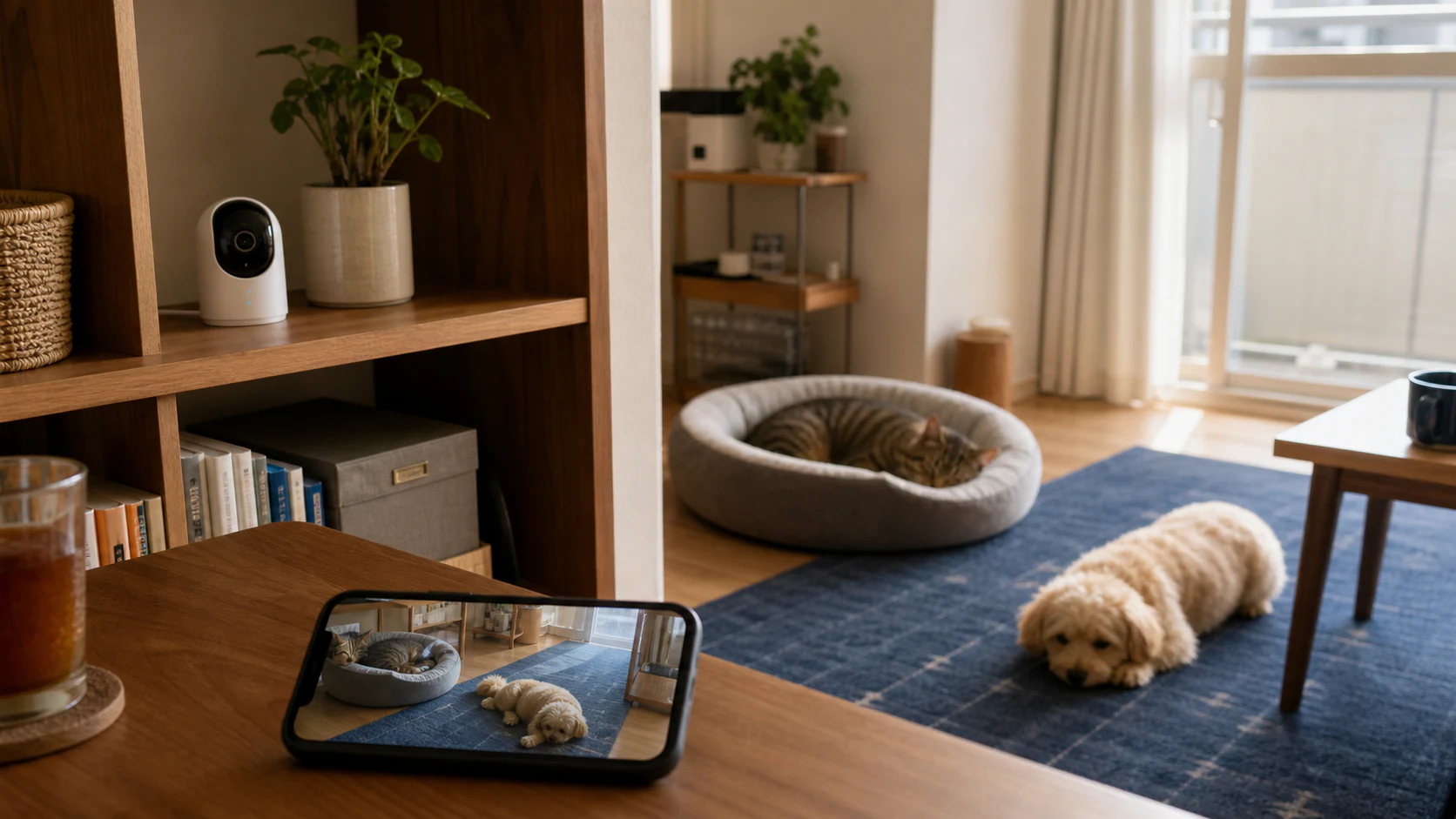 日本のリビングでペットの居場所へ向けた見守りカメラとスマートフォン