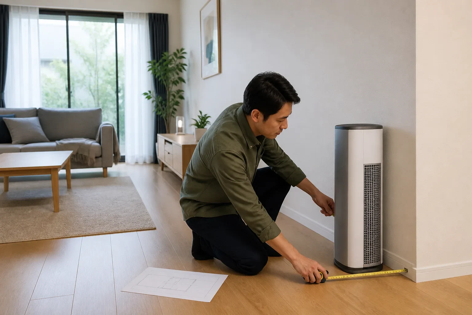 空気清浄機の設置場所をメジャーで測る編集用イメージ