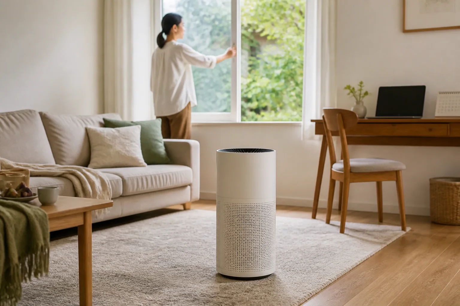 窓を開けている部屋で現行の空気清浄機を使う編集用イメージ