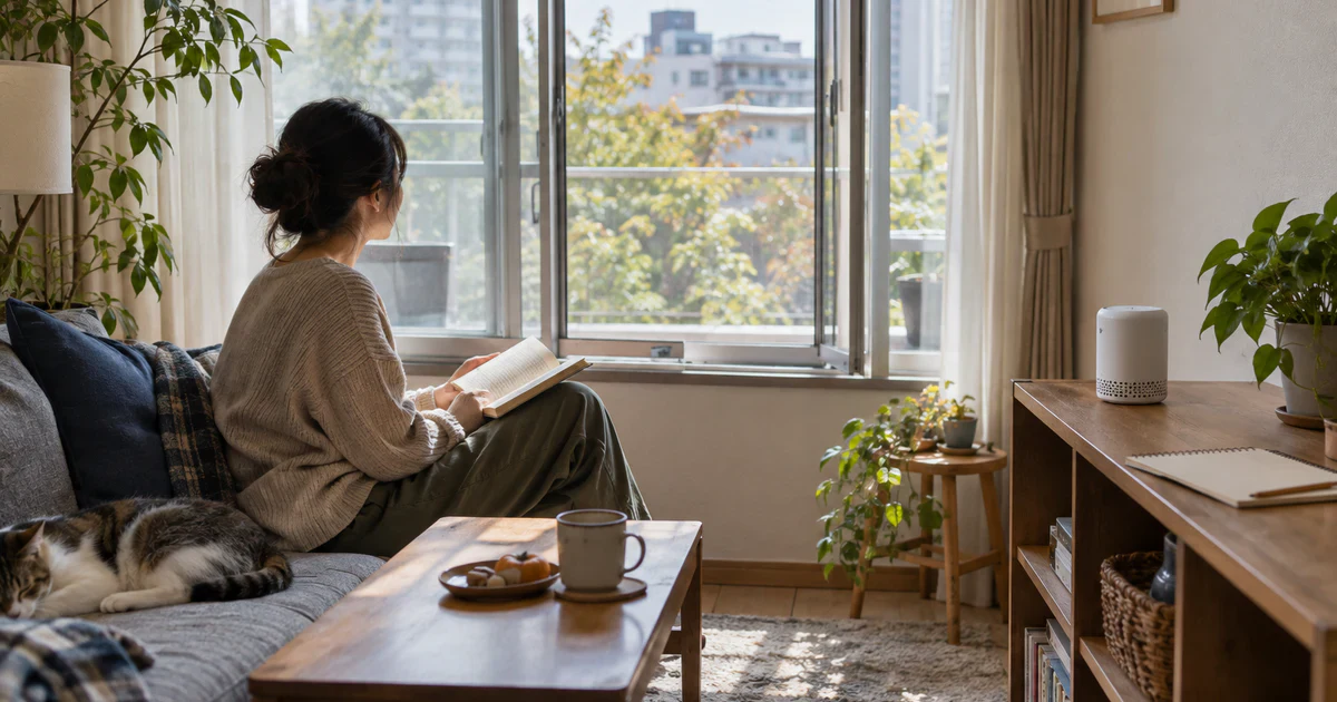 窓辺の空気質モニターと換気の判断を書いたノートがある日本のリビング