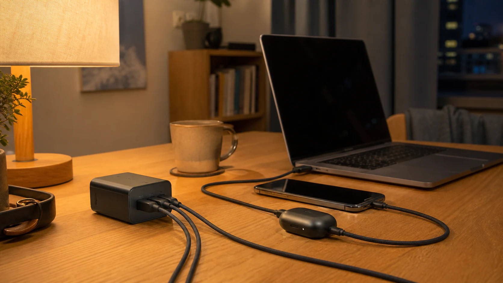 仕事を終えた机で、ノートPCを充電しながらスマートフォンと小物を同じ充電器へ戻す夜の使用イメージ