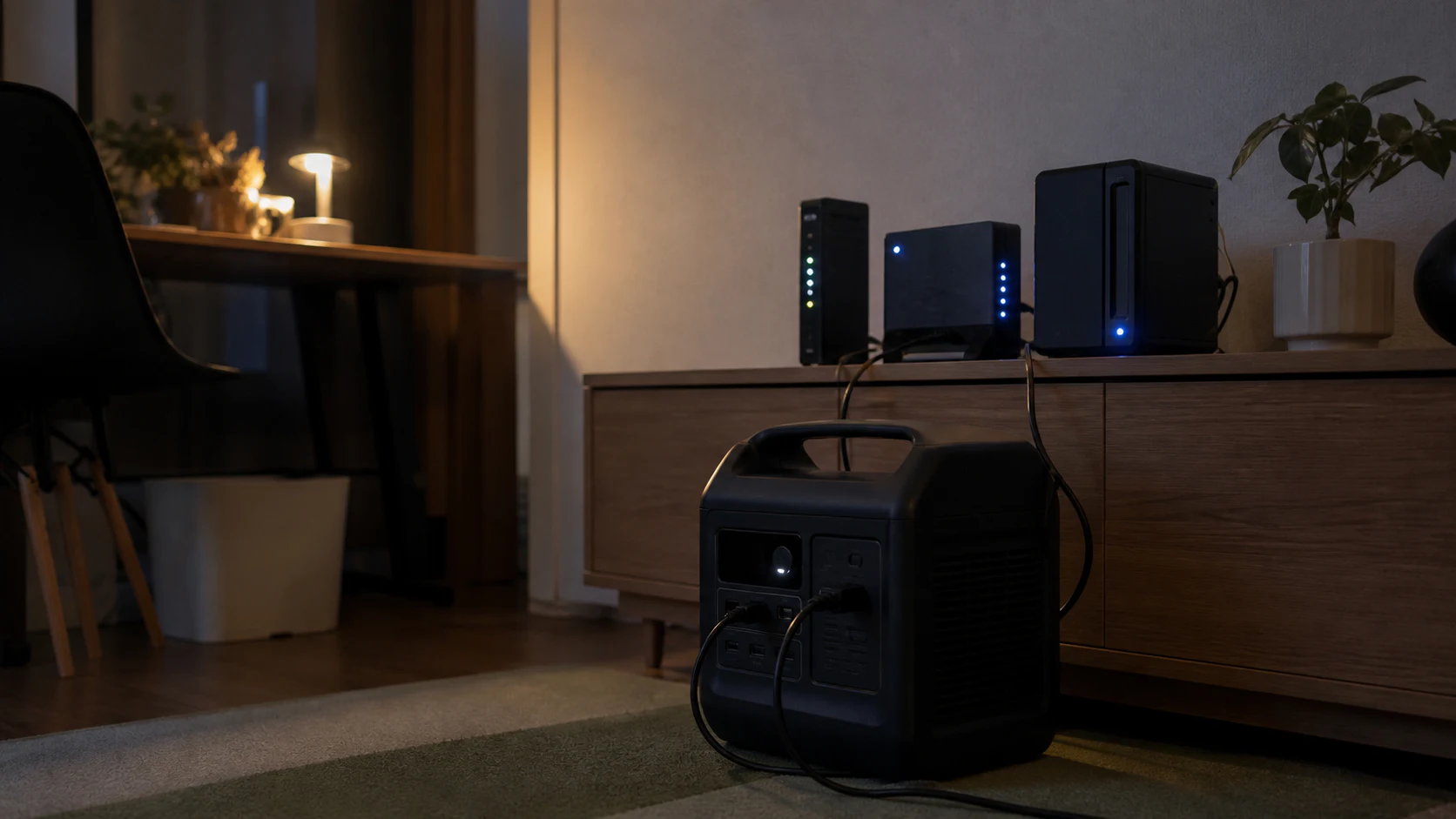 日本の集合住宅の仕事机でポータブル電源からONU、Wi-Fiルーター、NASへ給電する使用イメージ