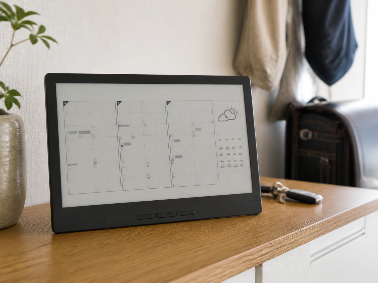 玄関脇のコンソールで同期した予定を確認するE Inkカレンダー画面のイメージ