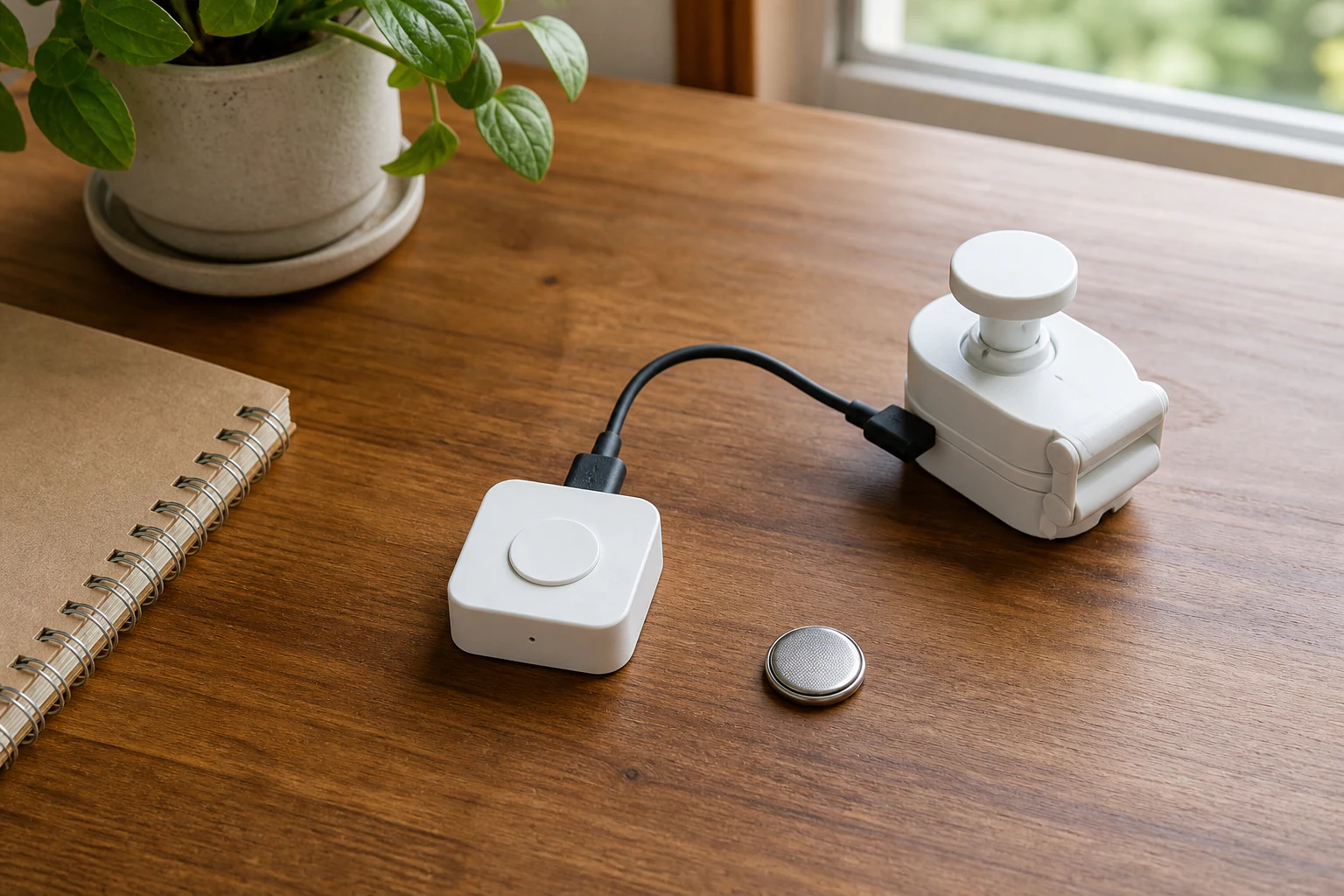 物理ボタン、充電ケーブル、コイン電池を並べた家庭用デバイスのメンテナンス