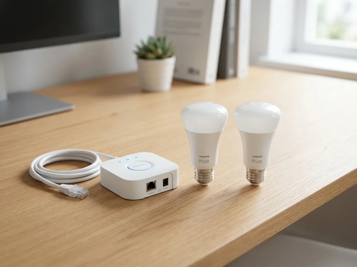 Philips Hueのスターターセットに電球とブリッジが並ぶイメージ