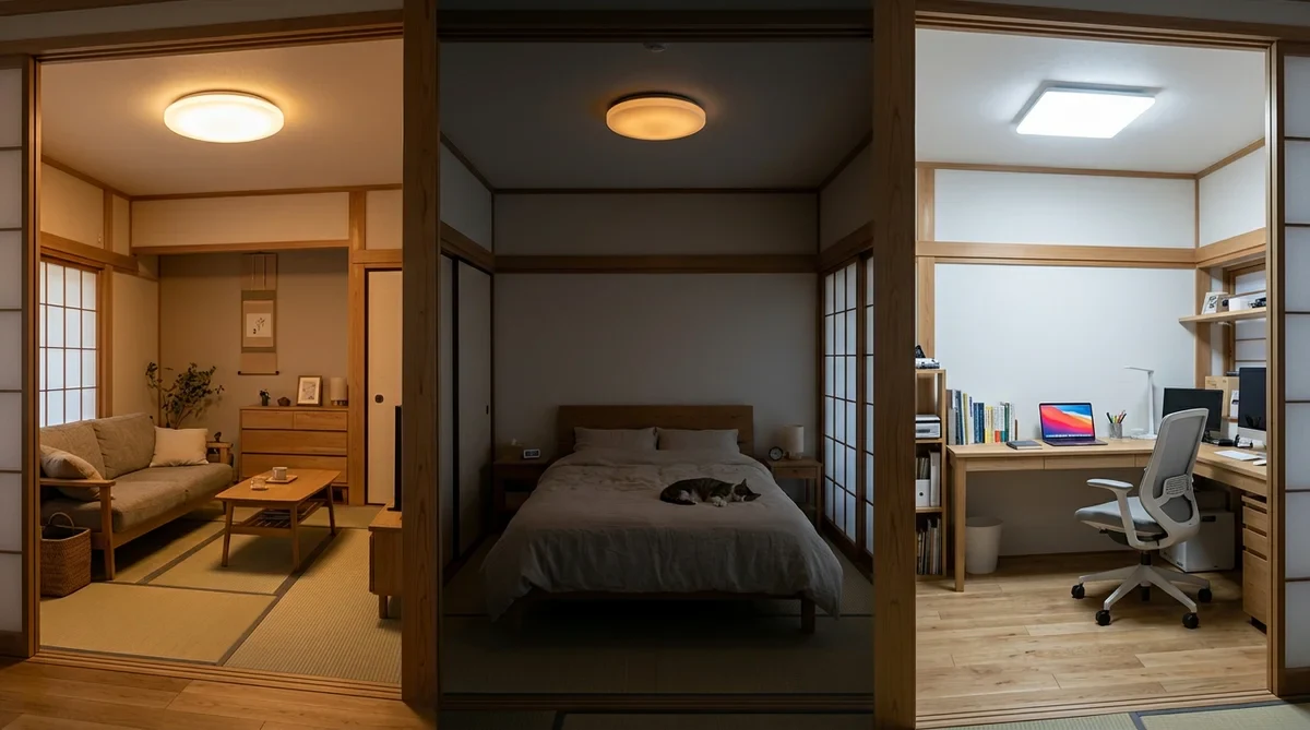 スマートシーリングライトの比較:部屋ごとに異なる色温度で照らされた日本の住宅