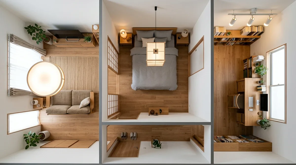 部屋ごとに異なるスマートシーリングライトが設置された日本の住宅