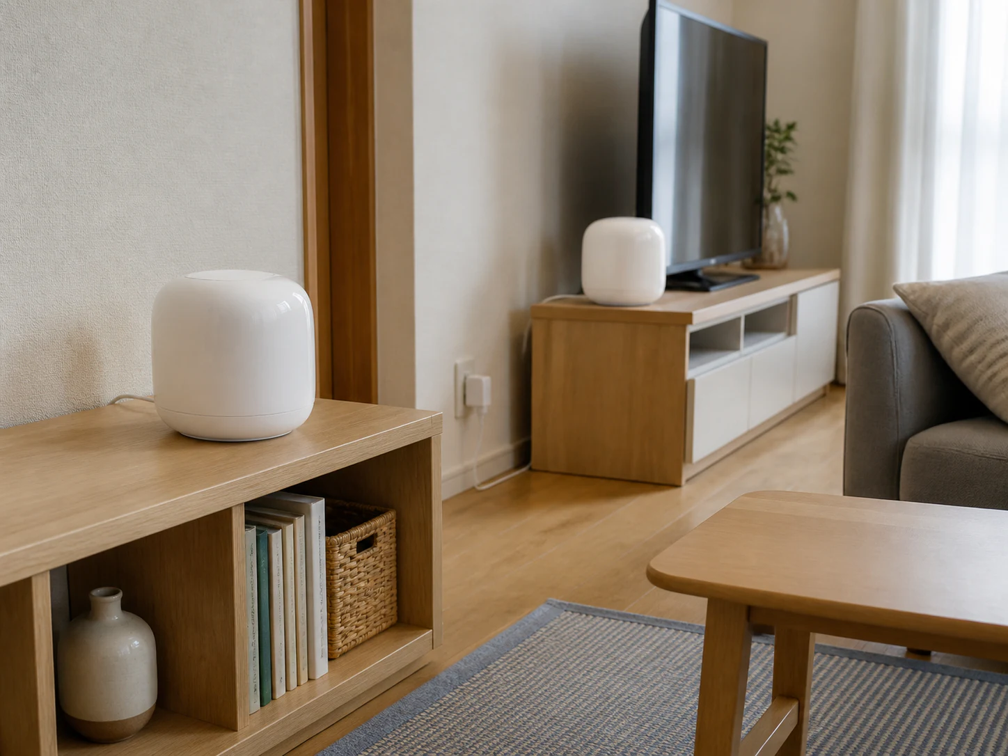 日本のコンパクトなリビングに2台のGoogle Nest Wifi Proを置いた導入イメージ