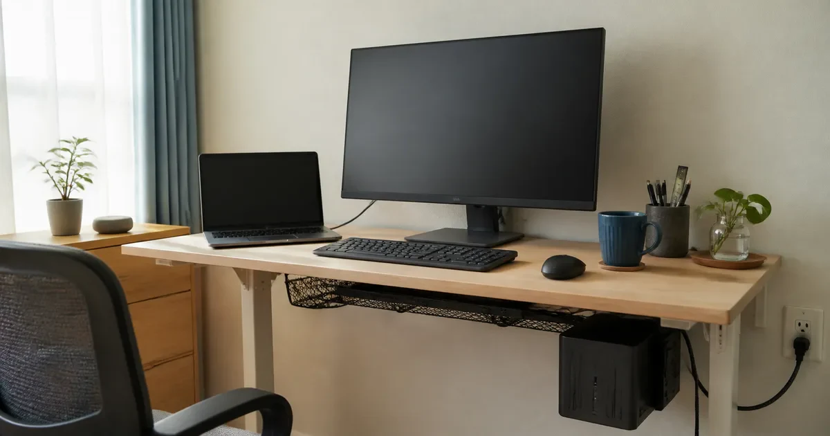 ノートPCと4Kモニターを一つの机で使い、仕事と動画を切り替える場面
