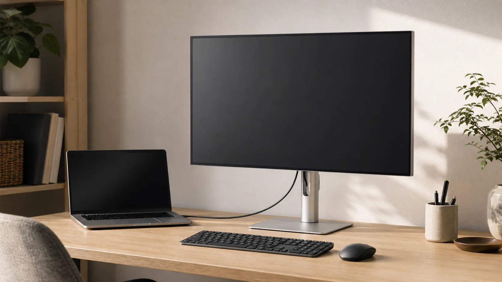 ノートPCと外部映像機器をLGの27型4Kモニターへつなぐリビング兼用の机