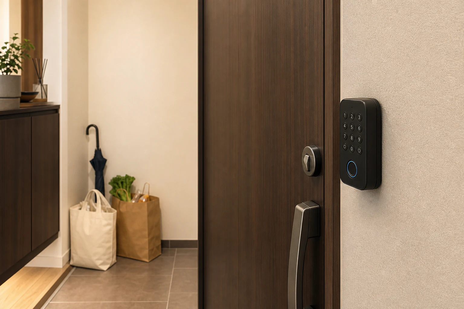 日本の集合住宅の玄関ドア横に設置されたスマートロック用キーパッドと買い物袋