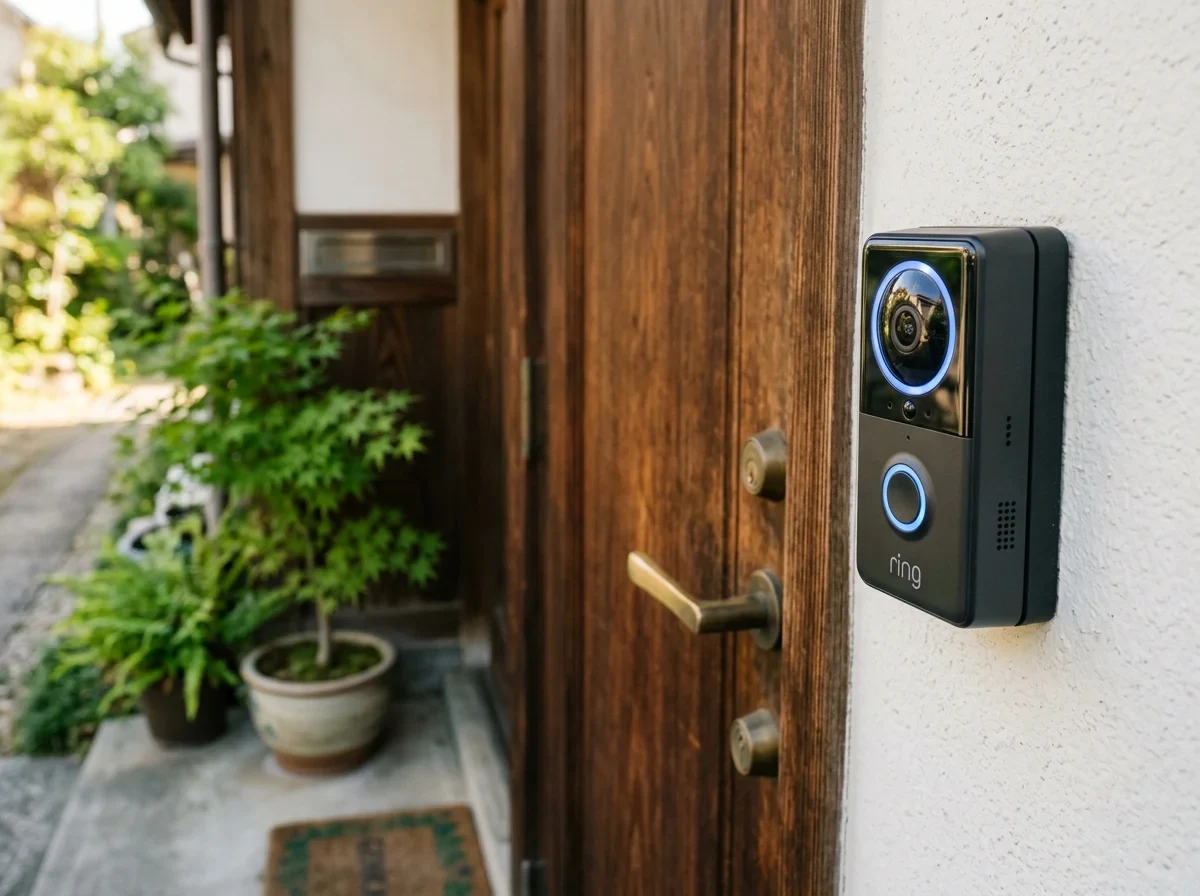 玄関のスマートドアベルと屋外カメラを比較するイメージ