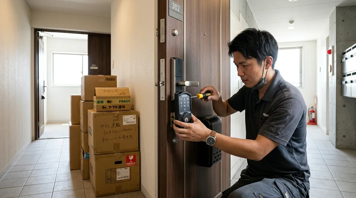 新居の玄関にスマートロックを設置する様子