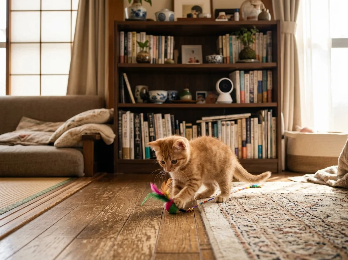 子猫が遊ぶリビング