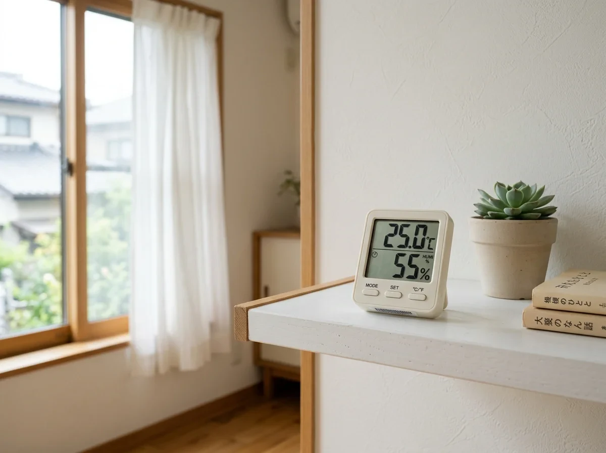 ペットが過ごす部屋で温湿度計を確認するイメージ
