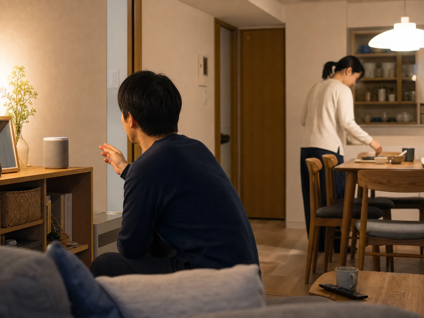 家族が同じ家のスマートホーム設定を確認する場面