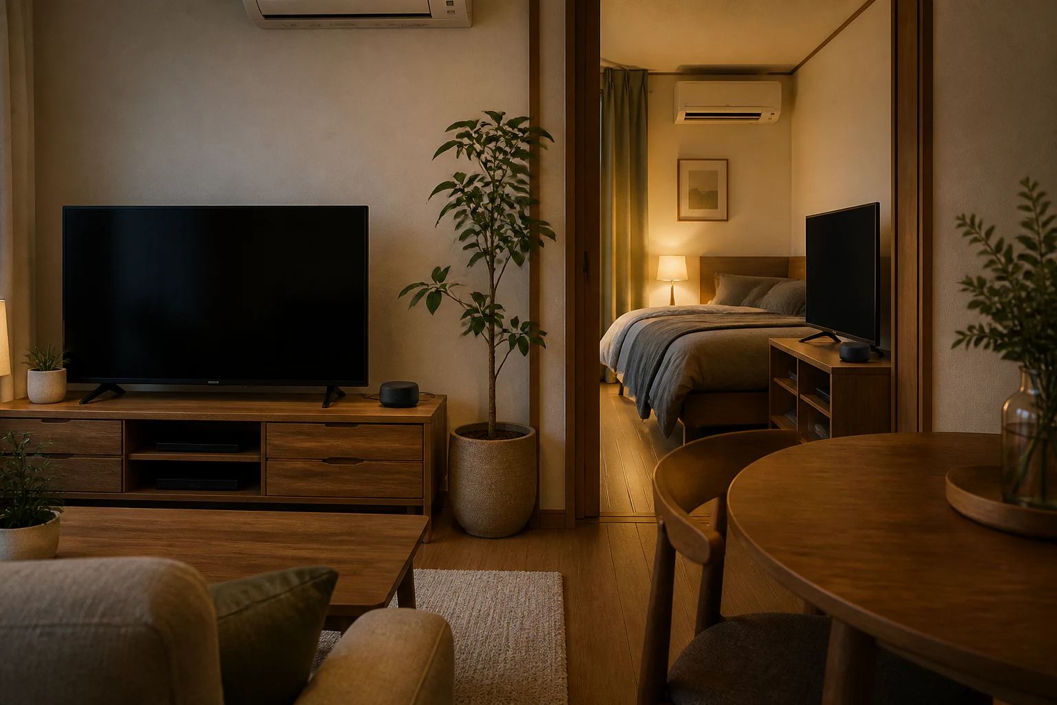 2部屋の家電とスマートリモコンの位置を見直した落ち着いたリビングのイメージ