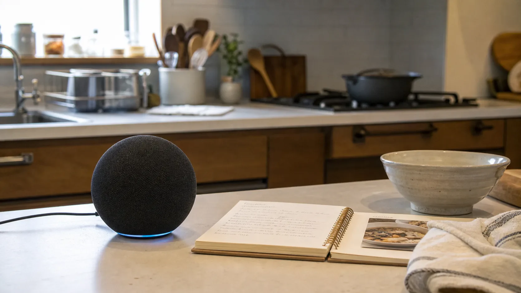 日本のキッチンカウンターに置かれたEcho Dot（第5世代）とレシピノート